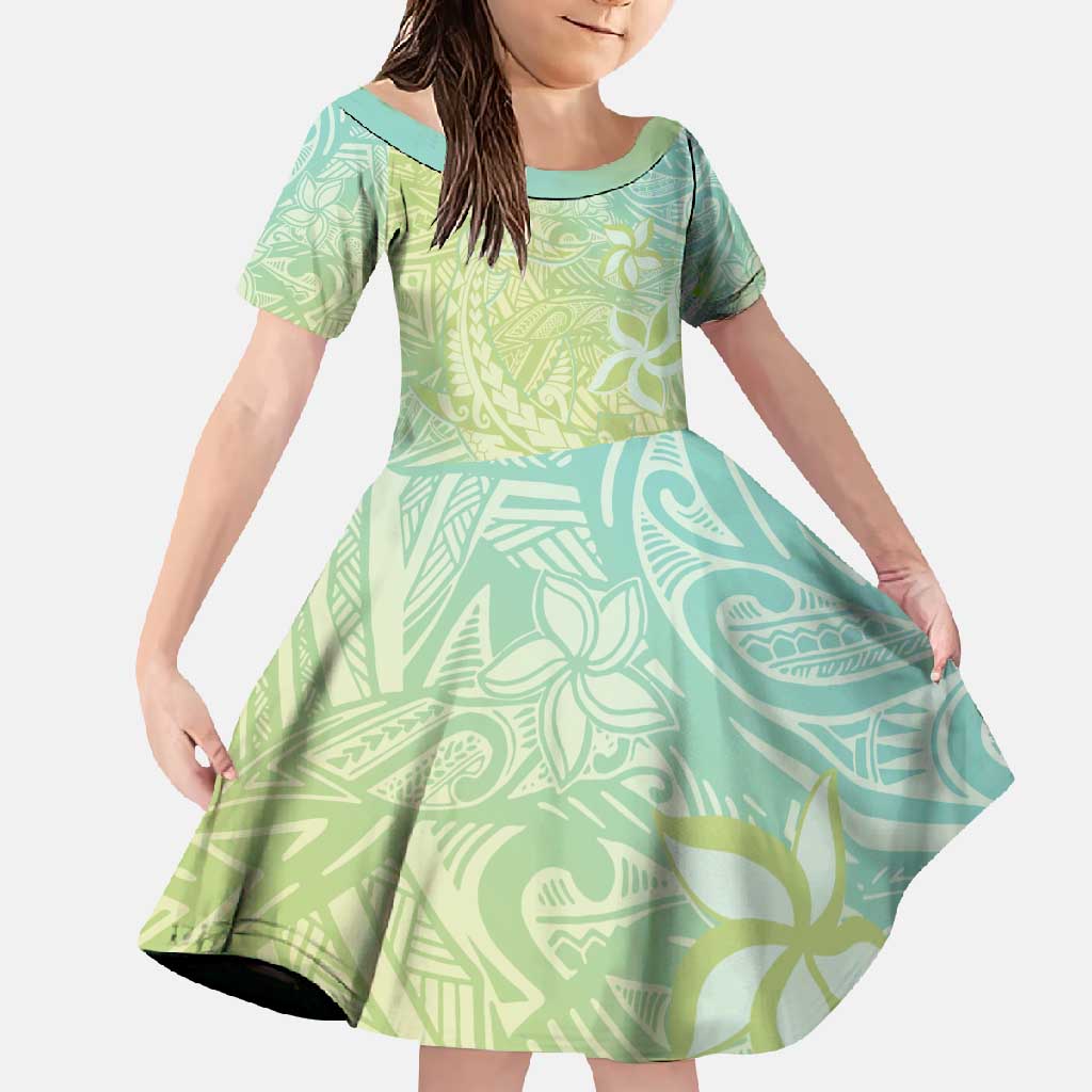 Baby Green Gradient Polynesia Family Matching Summer Maxi Dress and Hawaiian Shirt Hawaiian Tribal Hammerhead Shark Tattoo LT14 Daughter's Dress Baby Green - Polynesian Pride