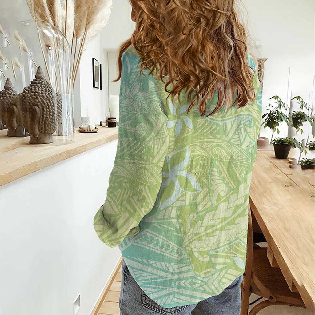 Baby Green Gradient Polynesia Women Casual Shirt Hawaiian Tribal Hammerhead Shark Tattoo