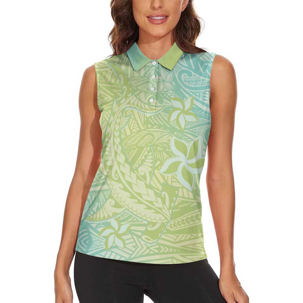 Baby Green Gradient Polynesia Women Sleeveless Polo Shirt Hawaiian Tribal Hammerhead Shark Tattoo