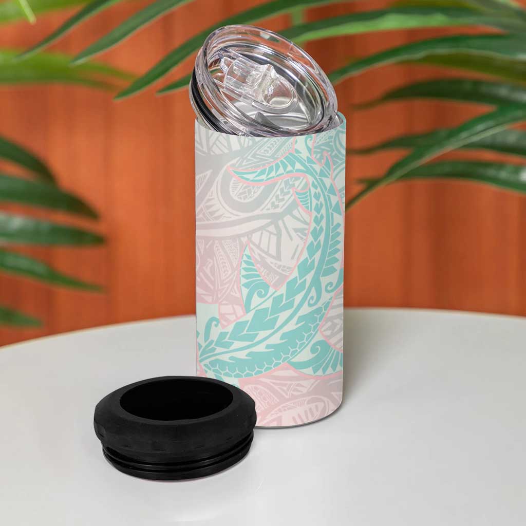 Baby Pink Gradient Polynesia 4 in 1 Can Cooler Tumbler Hawaiian Tribal Hammerhead Shark Tattoo