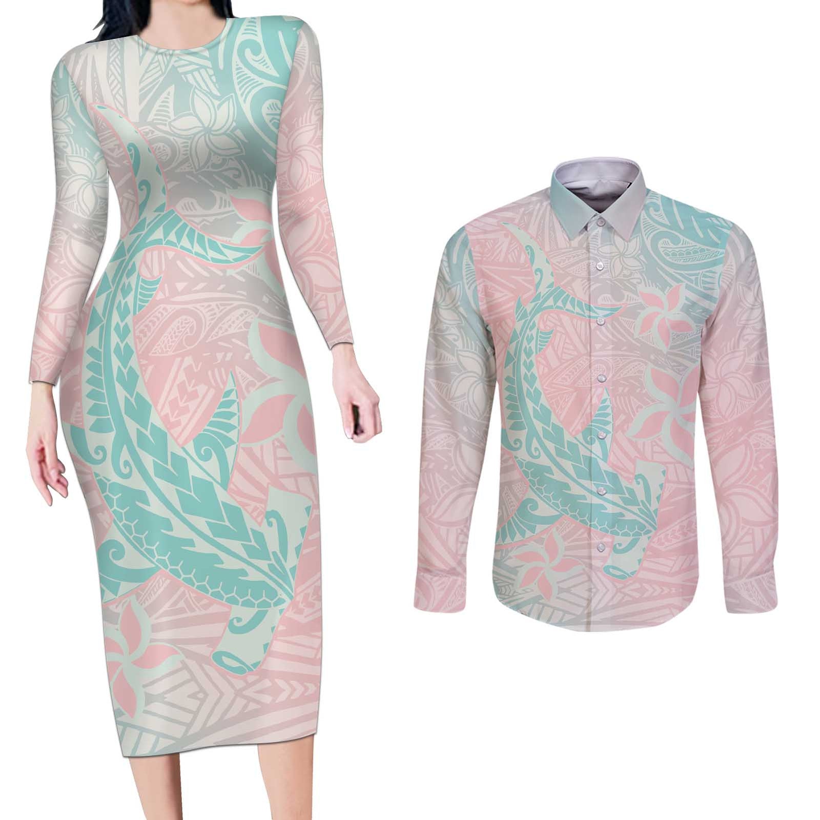 Baby Pink Gradient Polynesia Couples Matching Long Sleeve Bodycon Dress and Long Sleeve Button Shirt Hawaiian Tribal Hammerhead Shark Tattoo