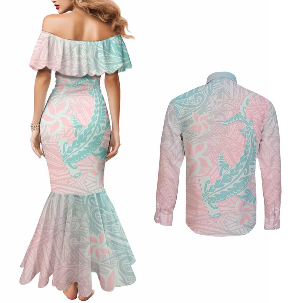 Baby Pink Gradient Polynesia Couples Matching Mermaid Dress and Long Sleeve Button Shirt Hawaiian Tribal Hammerhead Shark Tattoo