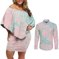 Baby Pink Gradient Polynesia Couples Matching Off Shoulder Short Dress and Long Sleeve Button Shirt Hawaiian Tribal Hammerhead Shark Tattoo