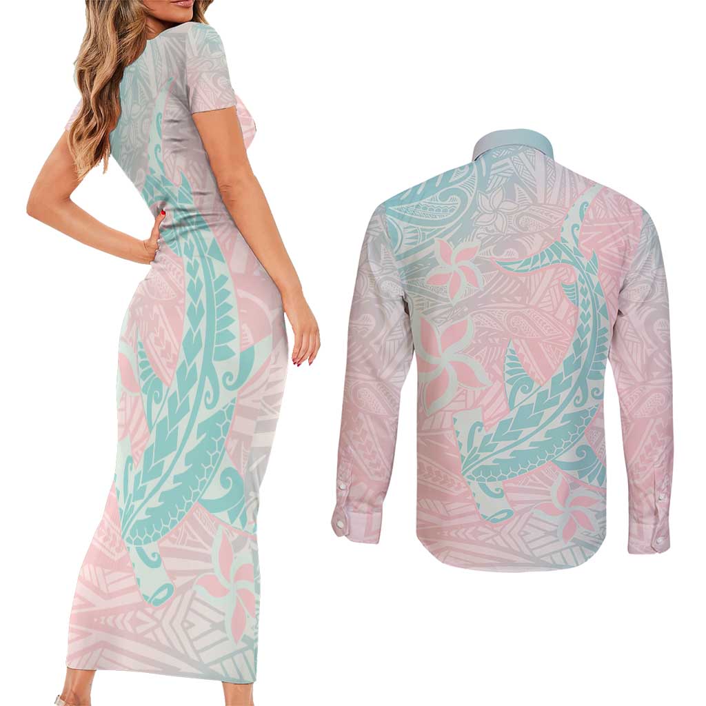 Baby Pink Gradient Polynesia Couples Matching Short Sleeve Bodycon Dress and Long Sleeve Button Shirt Hawaiian Tribal Hammerhead Shark Tattoo