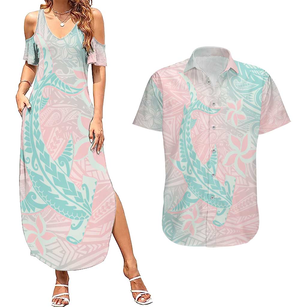Baby Pink Gradient Polynesia Couples Matching Summer Maxi Dress and Hawaiian Shirt Hawaiian Tribal Hammerhead Shark Tattoo