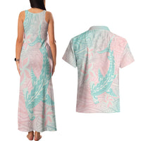 Baby Pink Gradient Polynesia Couples Matching Tank Maxi Dress and Hawaiian Shirt Hawaiian Tribal Hammerhead Shark Tattoo