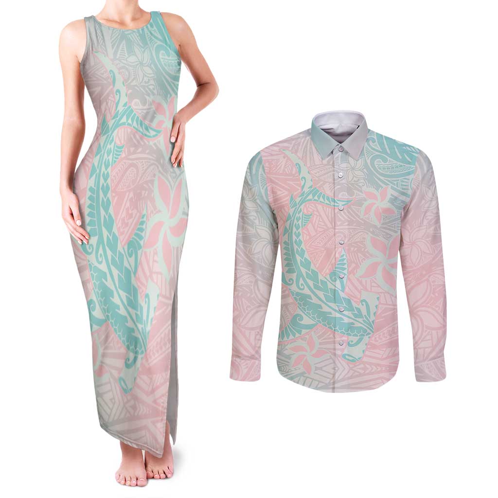 Baby Pink Gradient Polynesia Couples Matching Tank Maxi Dress and Long Sleeve Button Shirt Hawaiian Tribal Hammerhead Shark Tattoo