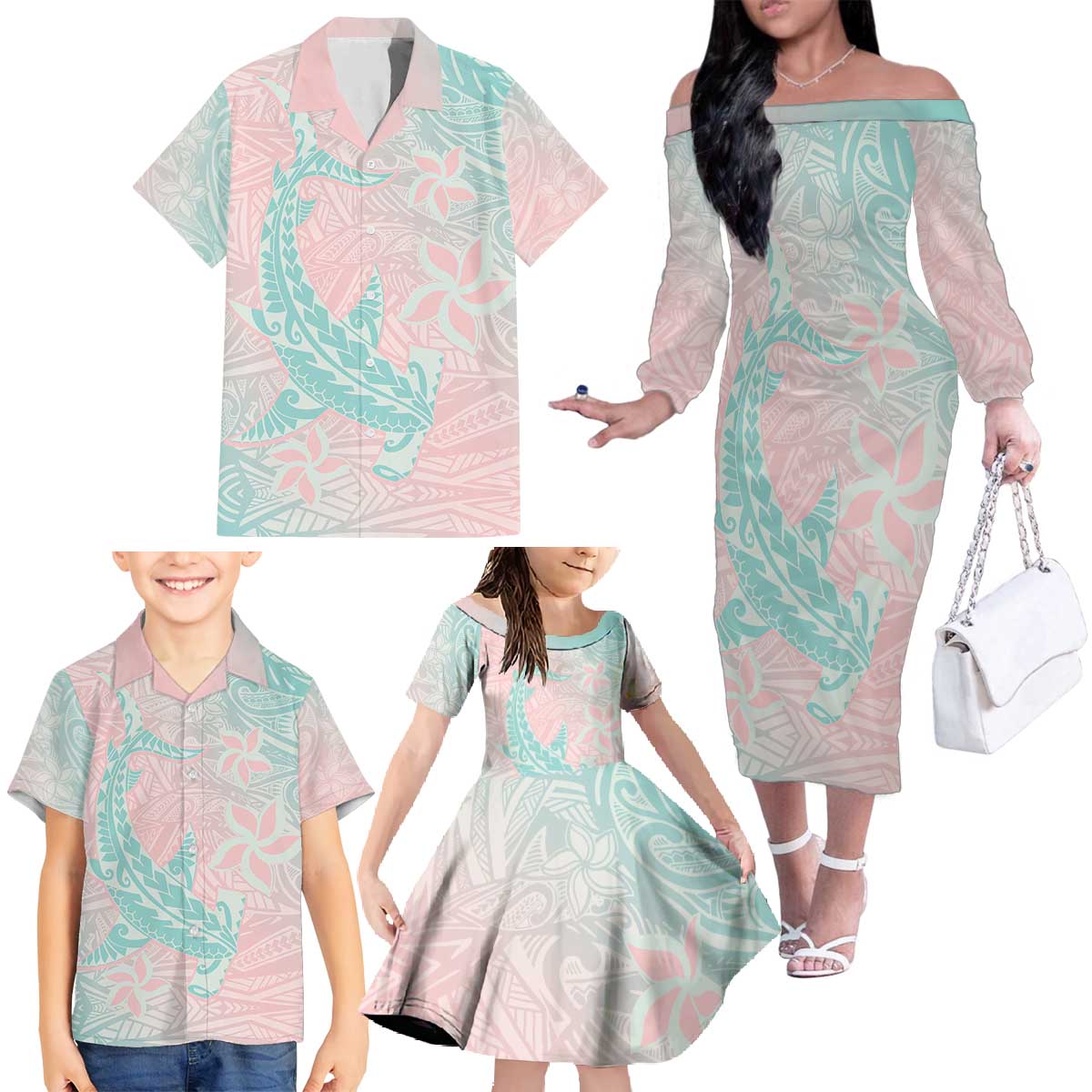 Baby Pink Gradient Polynesia Family Matching Off The Shoulder Long Sleeve Dress and Hawaiian Shirt Hawaiian Tribal Hammerhead Shark Tattoo LT14 - Polynesian Pride