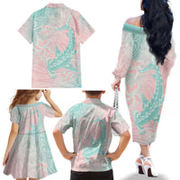 Baby Pink Gradient Polynesia Family Matching Off The Shoulder Long Sleeve Dress and Hawaiian Shirt Hawaiian Tribal Hammerhead Shark Tattoo LT14 - Polynesian Pride