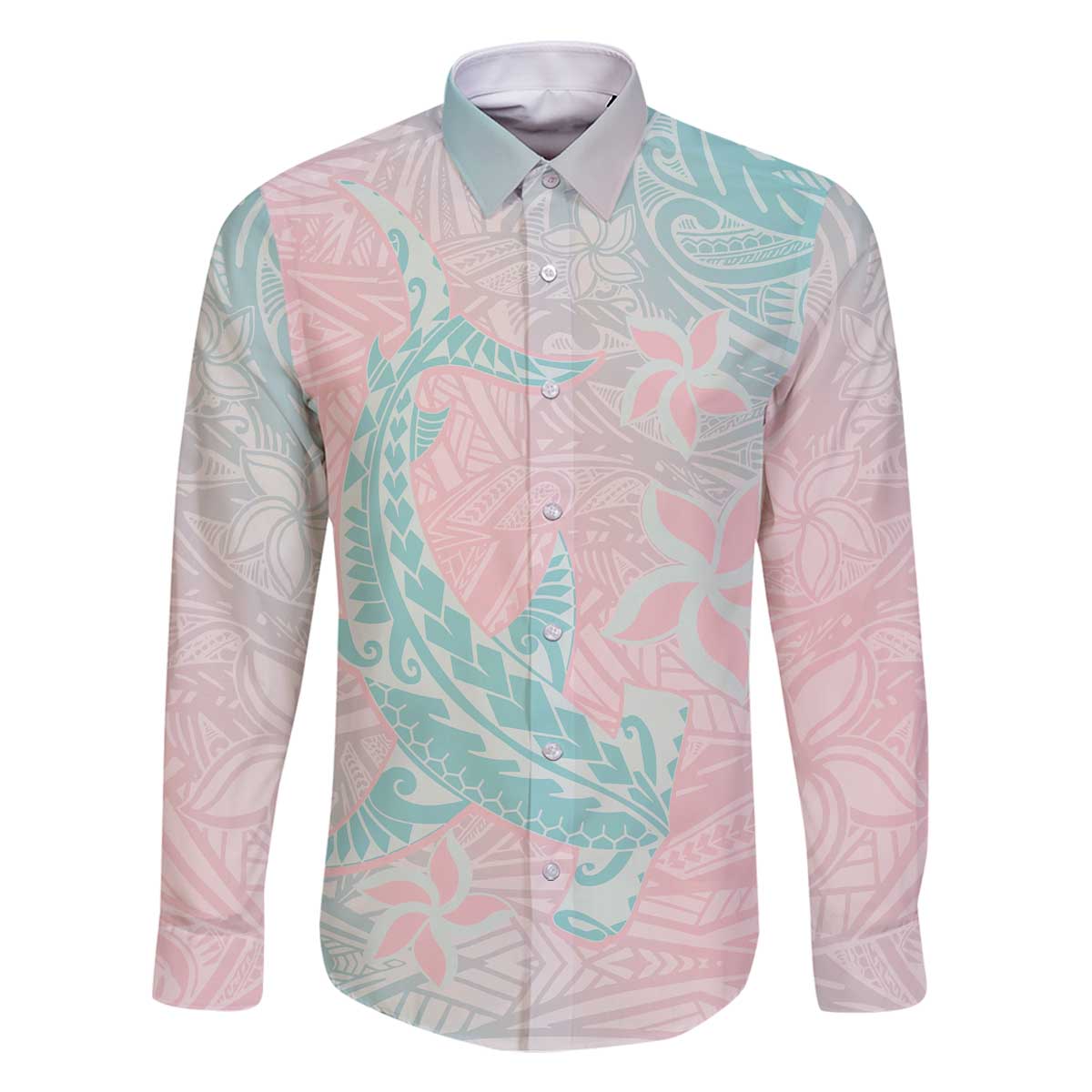 Baby Pink Gradient Polynesia Family Matching Off The Shoulder Long Sleeve Dress and Hawaiian Shirt Hawaiian Tribal Hammerhead Shark Tattoo LT14 Dad's Shirt - Long Sleeve Baby Pink - Polynesian Pride