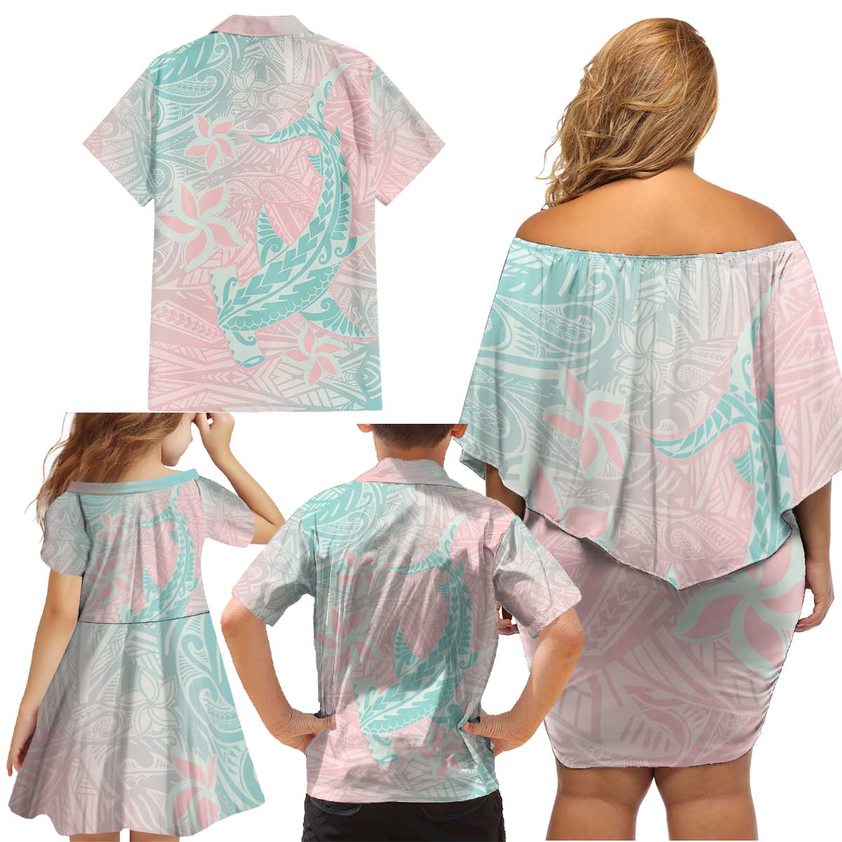Baby Pink Gradient Polynesia Family Matching Off Shoulder Short Dress and Hawaiian Shirt Hawaiian Tribal Hammerhead Shark Tattoo LT14 - Polynesian Pride