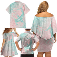 Baby Pink Gradient Polynesia Family Matching Off Shoulder Short Dress and Hawaiian Shirt Hawaiian Tribal Hammerhead Shark Tattoo LT14 - Polynesian Pride