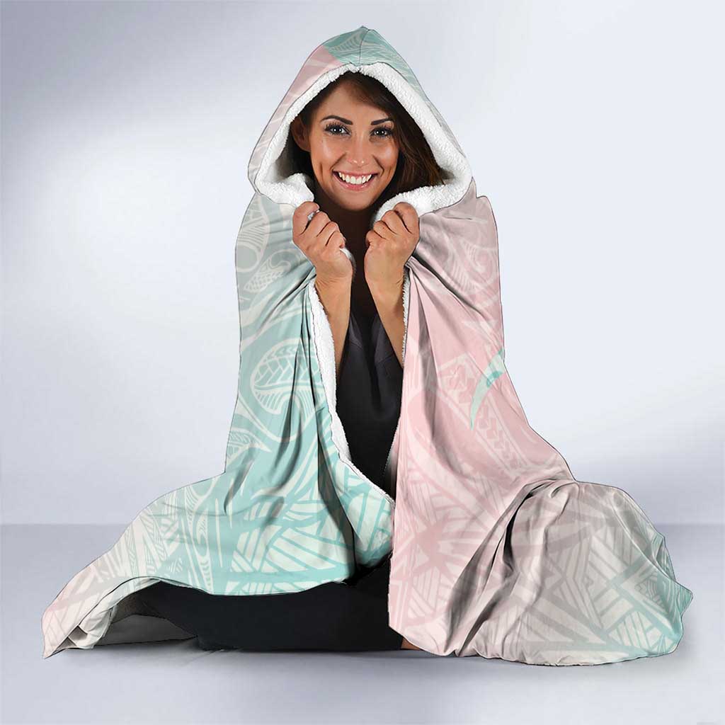 Baby Pink Gradient Polynesia Hooded Blanket Hawaiian Tribal Hammerhead Shark Tattoo