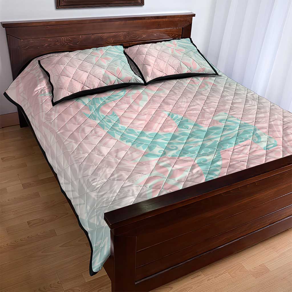 Baby Pink Gradient Polynesia Quilt Bed Set Hawaiian Tribal Hammerhead Shark Tattoo