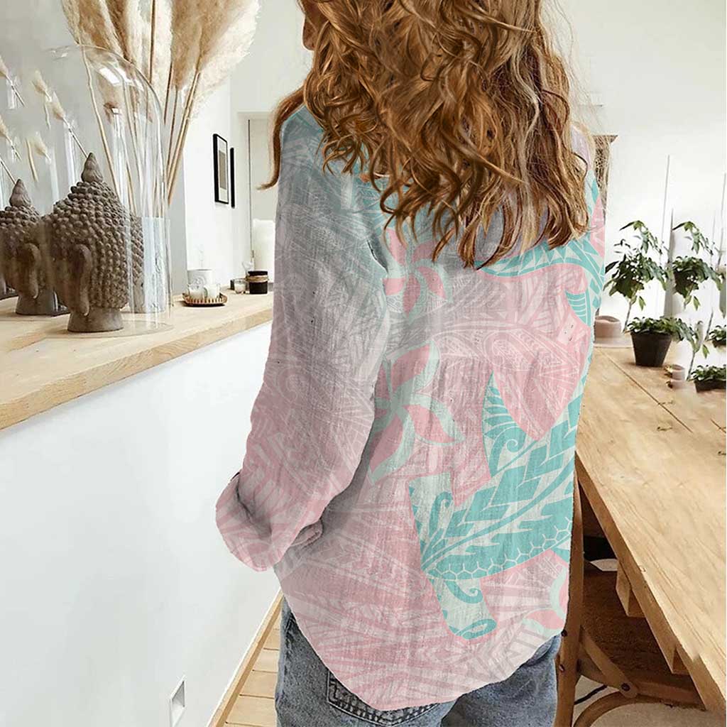 Baby Pink Gradient Polynesia Women Casual Shirt Hawaiian Tribal Hammerhead Shark Tattoo