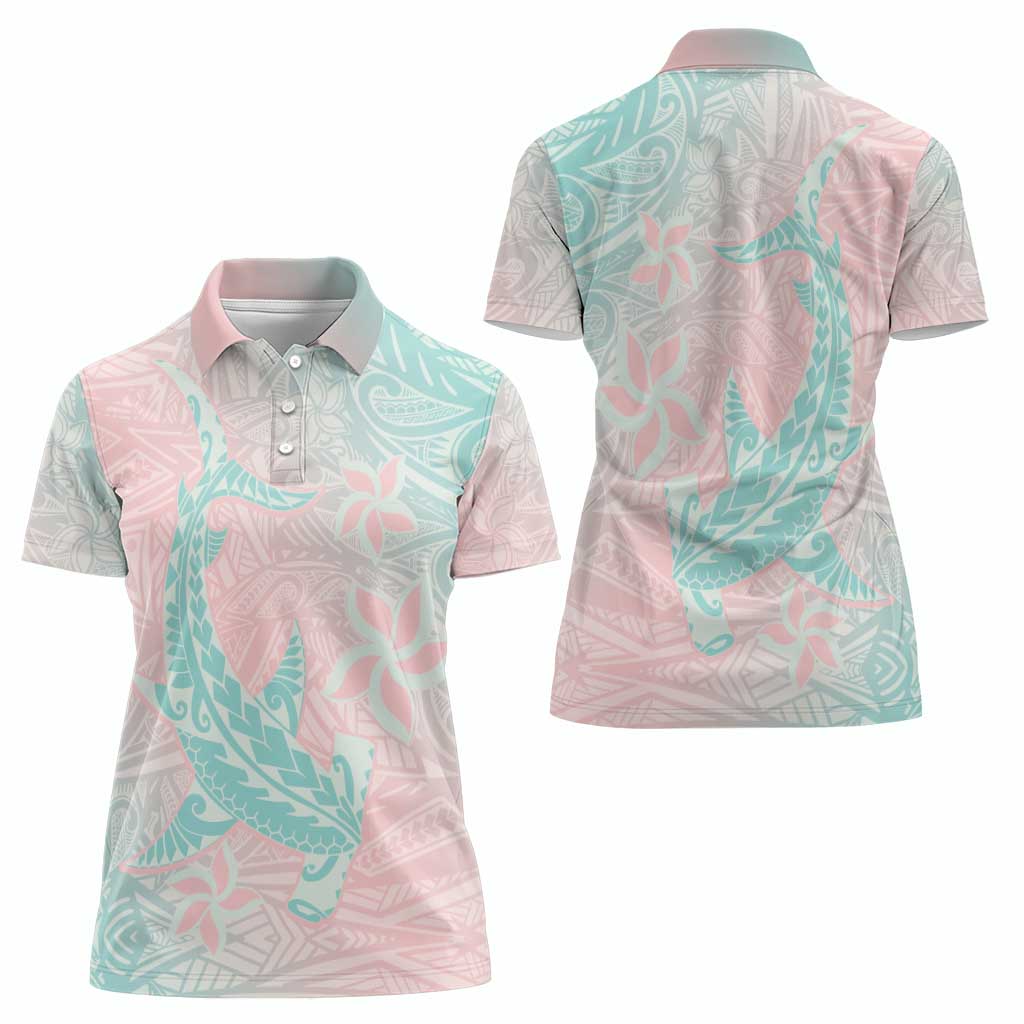 Baby Pink Gradient Polynesia Women Polo Shirt Hawaiian Tribal Hammerhead Shark Tattoo