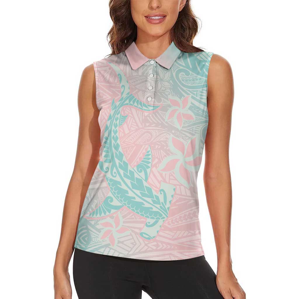 Baby Pink Gradient Polynesia Women Sleeveless Polo Shirt Hawaiian Tribal Hammerhead Shark Tattoo