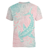 Baby Pink Gradient Polynesia Women V-Neck T-Shirt Hawaiian Tribal Hammerhead Shark Tattoo