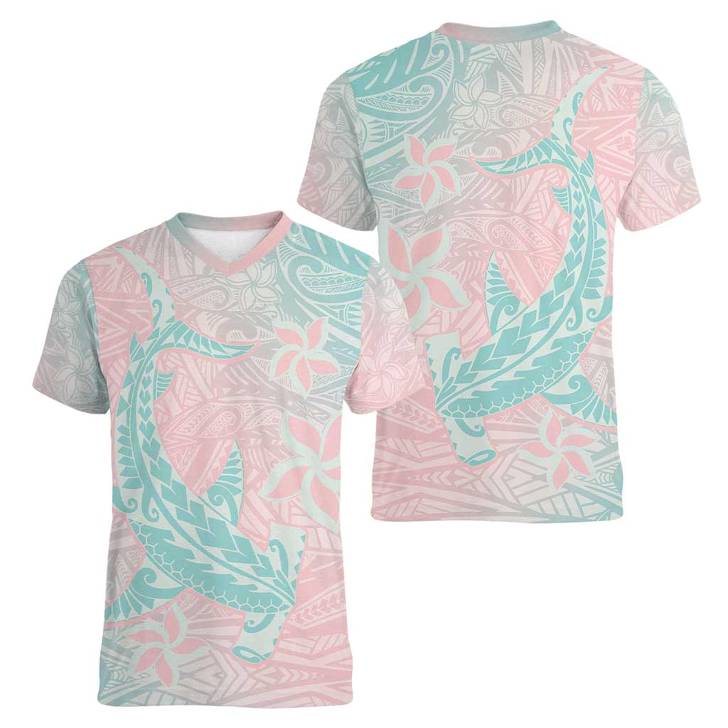 Baby Pink Gradient Polynesia Women V-Neck T-Shirt Hawaiian Tribal Hammerhead Shark Tattoo