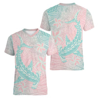 Baby Pink Gradient Polynesia Women V-Neck T-Shirt Hawaiian Tribal Hammerhead Shark Tattoo