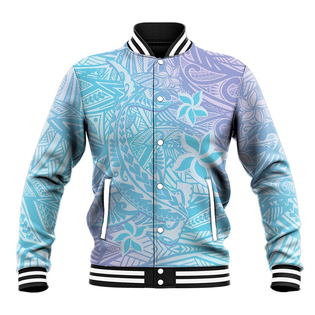 Baby Blue Gradient Polynesia Baseball Jacket Hawaiian Tribal Hammerhead Shark Tattoo