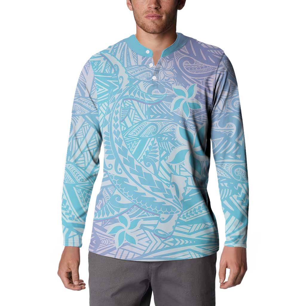 Baby Blue Gradient Polynesia Button Sweatshirt Hawaiian Tribal Hammerhead Shark Tattoo