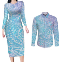 Baby Blue Gradient Polynesia Couples Matching Long Sleeve Bodycon Dress and Long Sleeve Button Shirt Hawaiian Tribal Hammerhead Shark Tattoo