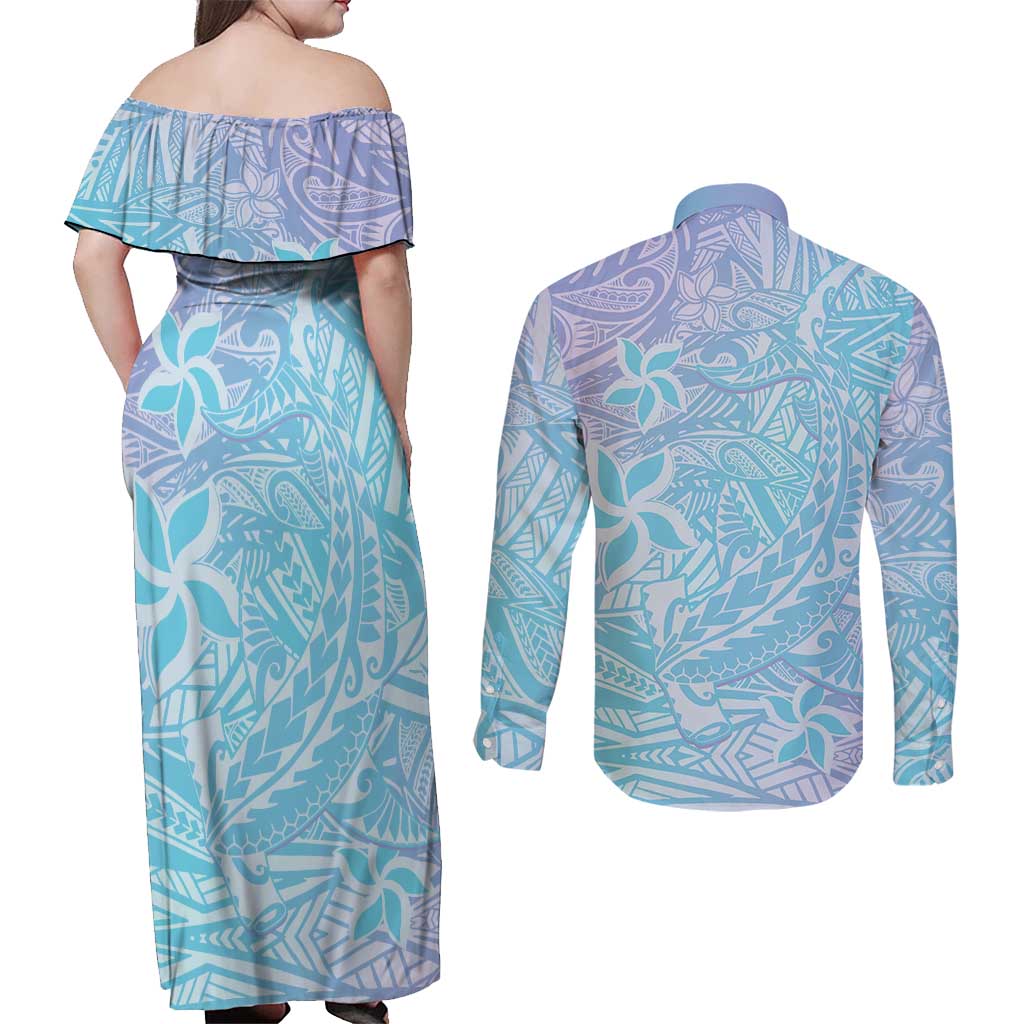 Baby Blue Gradient Polynesia Couples Matching Off Shoulder Maxi Dress and Long Sleeve Button Shirt Hawaiian Tribal Hammerhead Shark Tattoo