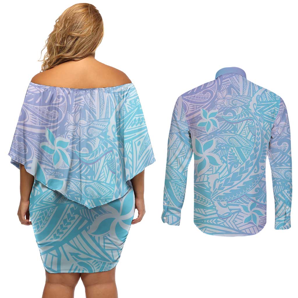 Baby Blue Gradient Polynesia Couples Matching Off Shoulder Short Dress and Long Sleeve Button Shirt Hawaiian Tribal Hammerhead Shark Tattoo