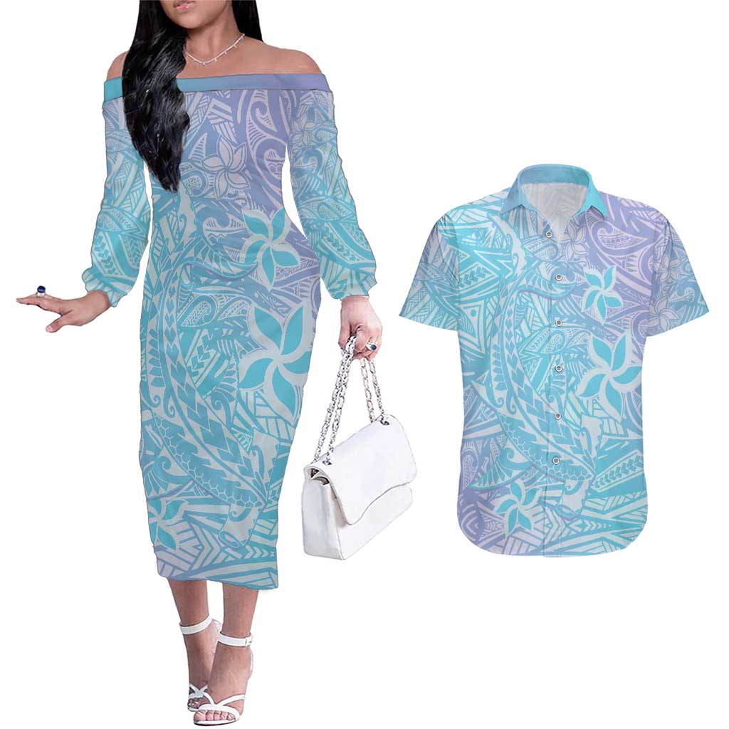 Baby Blue Gradient Polynesia Couples Matching Off The Shoulder Long Sleeve Dress and Hawaiian Shirt Hawaiian Tribal Hammerhead Shark Tattoo