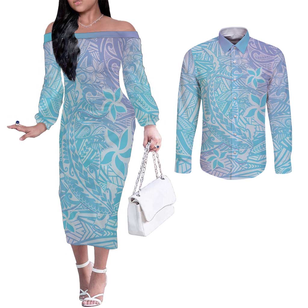 Baby Blue Gradient Polynesia Couples Matching Off The Shoulder Long Sleeve Dress and Long Sleeve Button Shirt Hawaiian Tribal Hammerhead Shark Tattoo
