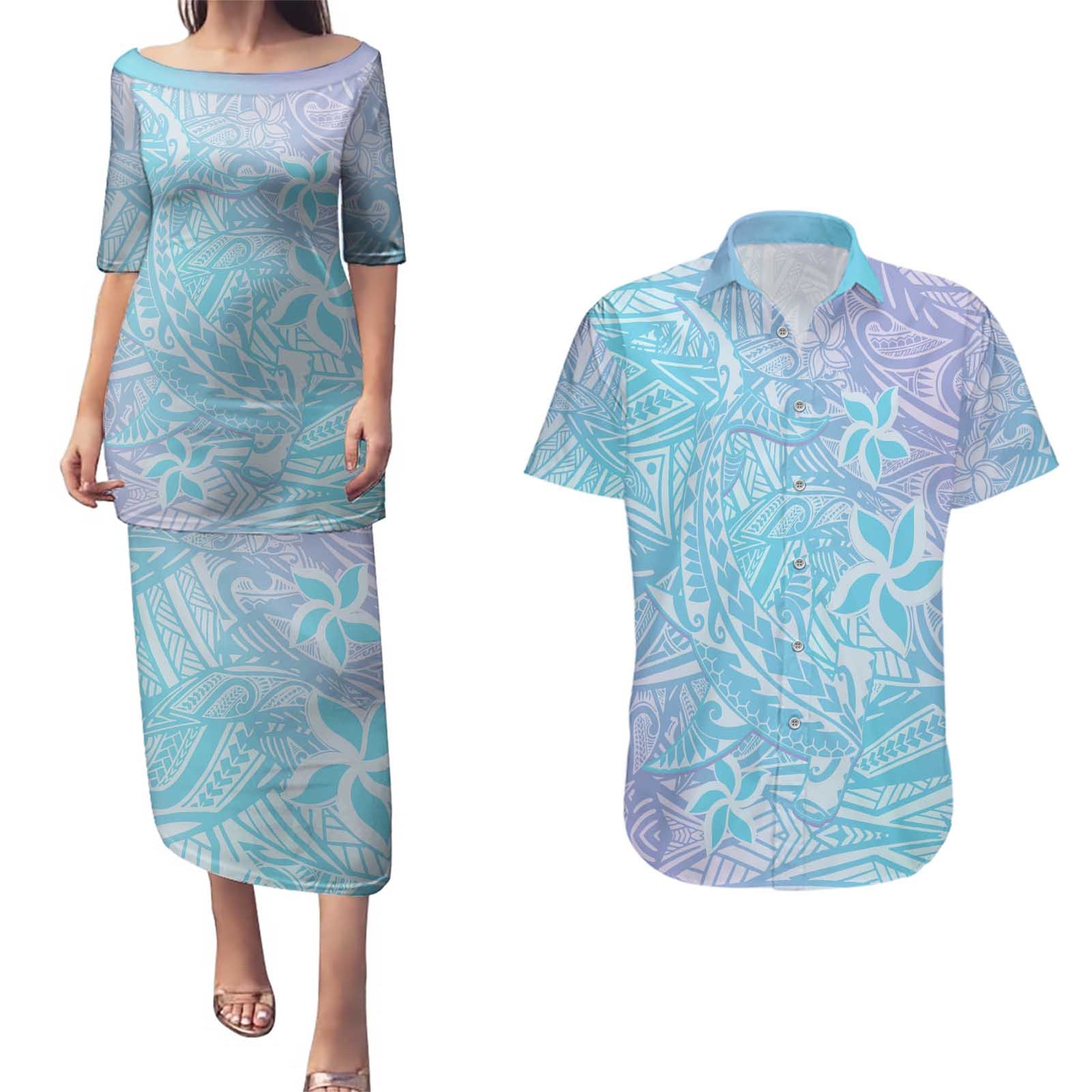 Baby Blue Gradient Polynesia Couples Matching Puletasi and Hawaiian Shirt Hawaiian Tribal Hammerhead Shark Tattoo