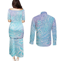Baby Blue Gradient Polynesia Couples Matching Puletasi and Long Sleeve Button Shirt Hawaiian Tribal Hammerhead Shark Tattoo