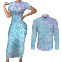 Baby Blue Gradient Polynesia Couples Matching Short Sleeve Bodycon Dress and Long Sleeve Button Shirt Hawaiian Tribal Hammerhead Shark Tattoo