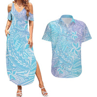 Baby Blue Gradient Polynesia Couples Matching Summer Maxi Dress and Hawaiian Shirt Hawaiian Tribal Hammerhead Shark Tattoo
