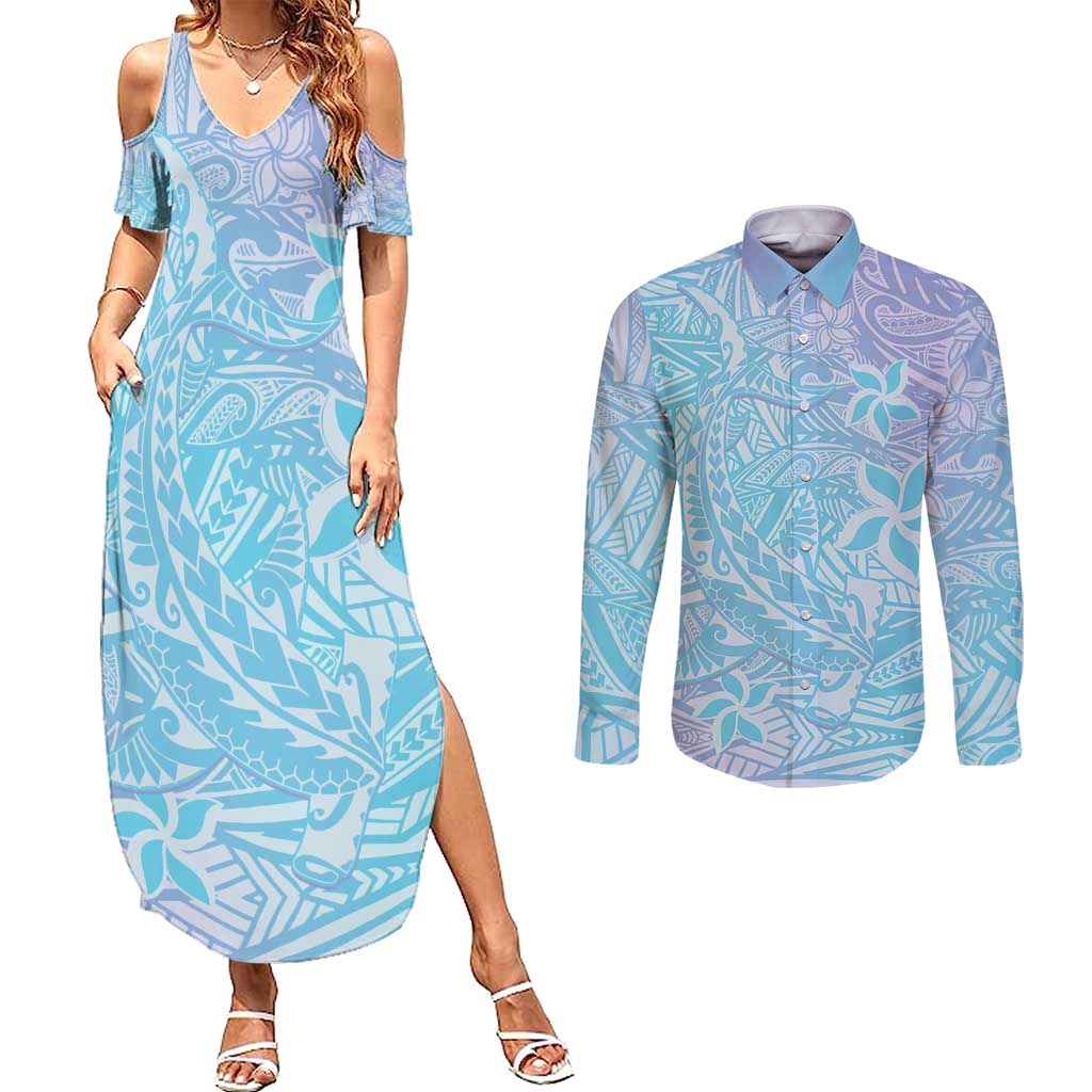 Baby Blue Gradient Polynesia Couples Matching Summer Maxi Dress and Long Sleeve Button Shirt Hawaiian Tribal Hammerhead Shark Tattoo