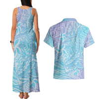 Baby Blue Gradient Polynesia Couples Matching Tank Maxi Dress and Hawaiian Shirt Hawaiian Tribal Hammerhead Shark Tattoo