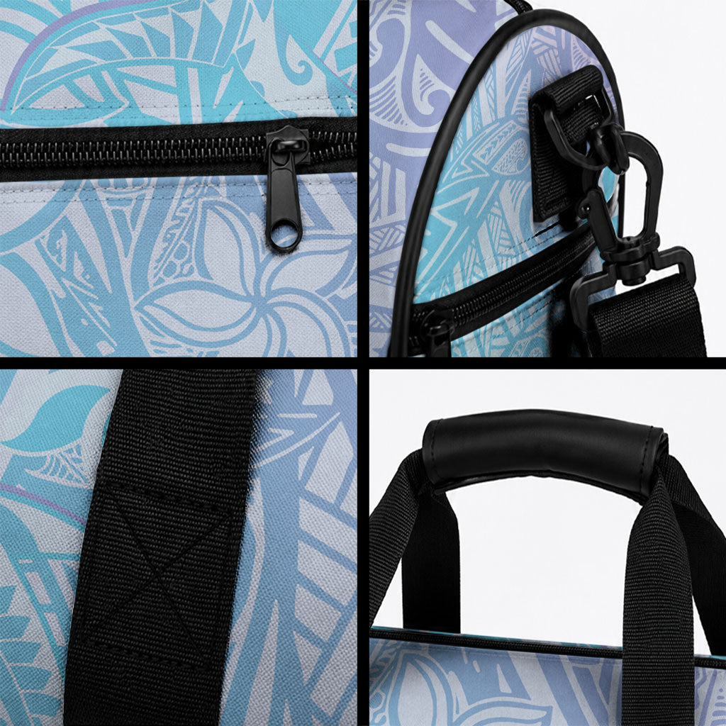 Baby Blue Gradient Polynesia Duffle Bag Hawaiian Tribal Hammerhead Shark Tattoo