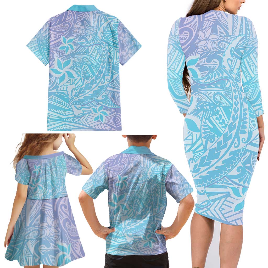 Baby Blue Gradient Polynesia Family Matching Long Sleeve Bodycon Dress and Hawaiian Shirt Hawaiian Tribal Hammerhead Shark Tattoo LT14 - Polynesian Pride