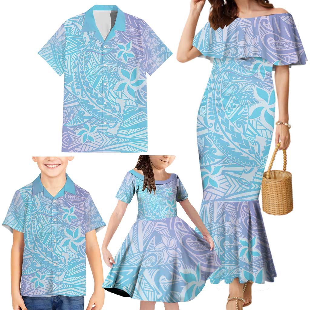 Baby Blue Gradient Polynesia Family Matching Mermaid Dress and Hawaiian Shirt Hawaiian Tribal Hammerhead Shark Tattoo LT14 - Polynesian Pride