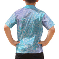 Baby Blue Gradient Polynesia Family Matching Off The Shoulder Long Sleeve Dress and Hawaiian Shirt Hawaiian Tribal Hammerhead Shark Tattoo LT14 - Polynesian Pride