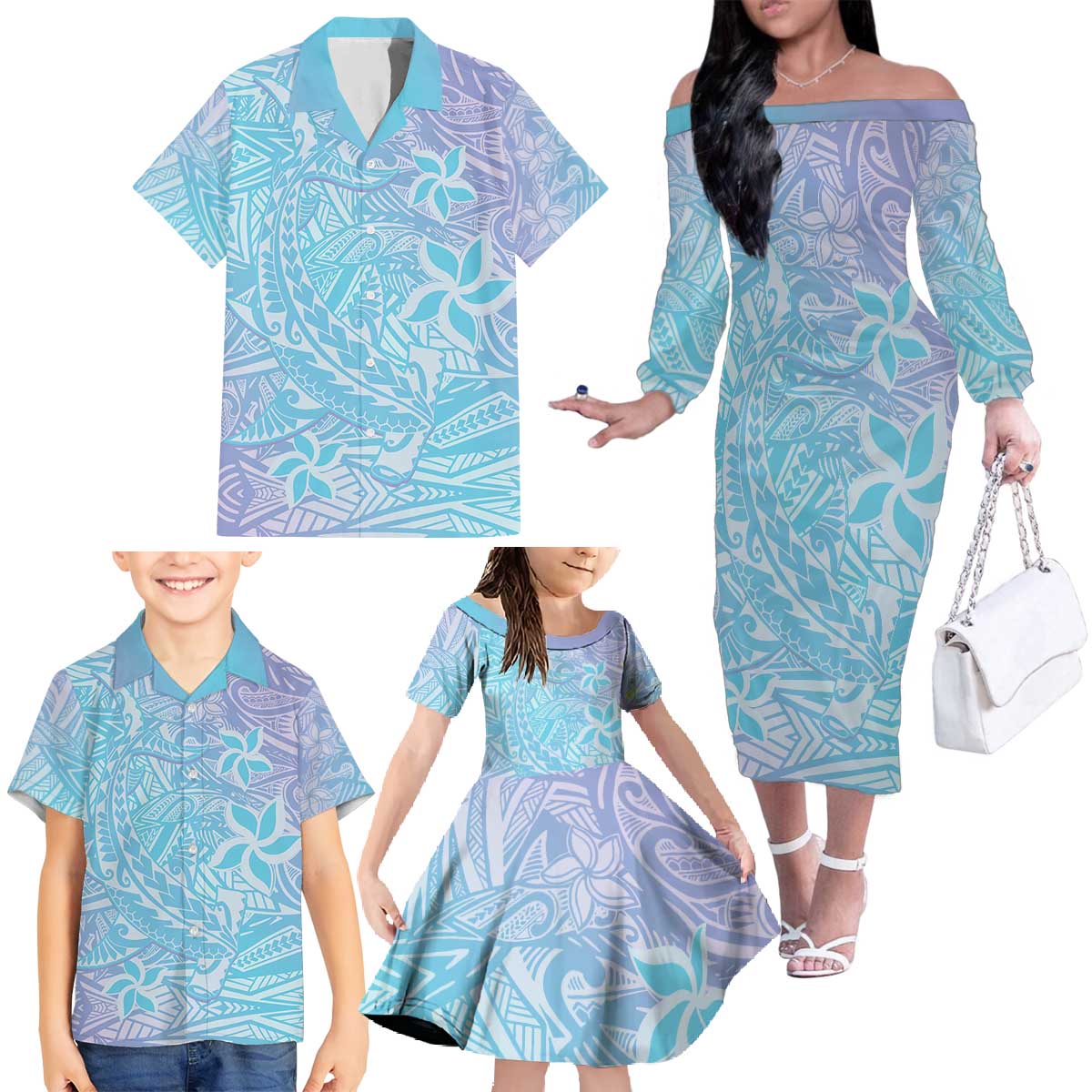 Baby Blue Gradient Polynesia Family Matching Off The Shoulder Long Sleeve Dress and Hawaiian Shirt Hawaiian Tribal Hammerhead Shark Tattoo LT14 - Polynesian Pride