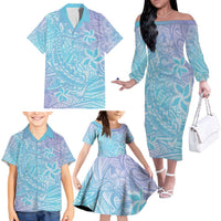 Baby Blue Gradient Polynesia Family Matching Off The Shoulder Long Sleeve Dress and Hawaiian Shirt Hawaiian Tribal Hammerhead Shark Tattoo LT14 - Polynesian Pride