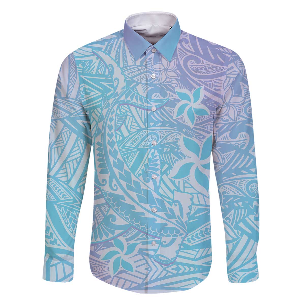 Baby Blue Gradient Polynesia Family Matching Off The Shoulder Long Sleeve Dress and Hawaiian Shirt Hawaiian Tribal Hammerhead Shark Tattoo LT14 Dad's Shirt - Long Sleeve Baby Blue - Polynesian Pride