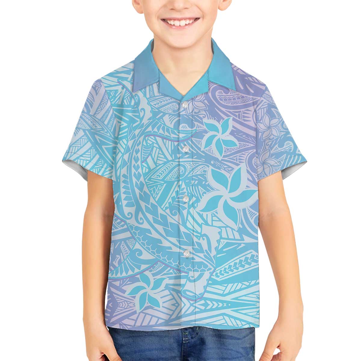 Baby Blue Gradient Polynesia Family Matching Off The Shoulder Long Sleeve Dress and Hawaiian Shirt Hawaiian Tribal Hammerhead Shark Tattoo LT14 Son's Shirt Baby Blue - Polynesian Pride