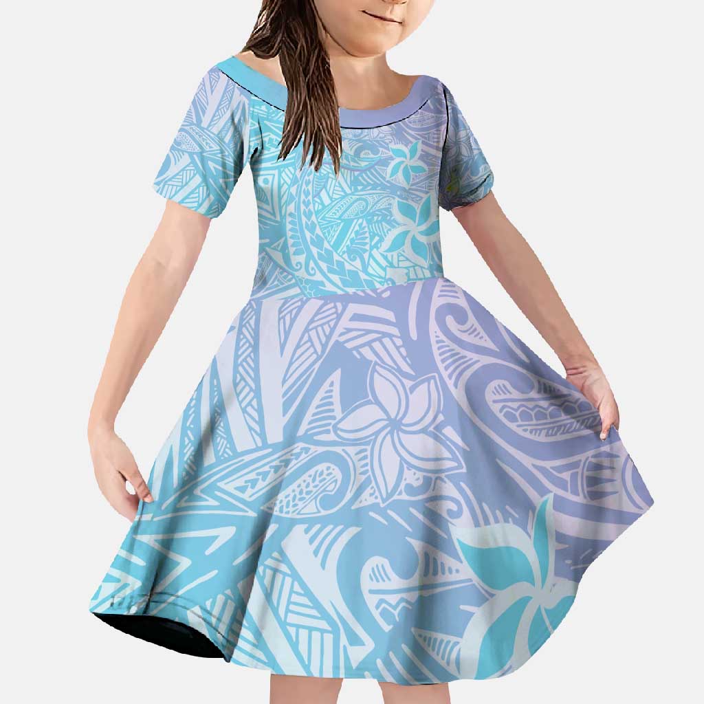Baby Blue Gradient Polynesia Family Matching Off Shoulder Maxi Dress and Hawaiian Shirt Hawaiian Tribal Hammerhead Shark Tattoo LT14 Daughter's Dress Baby Blue - Polynesian Pride