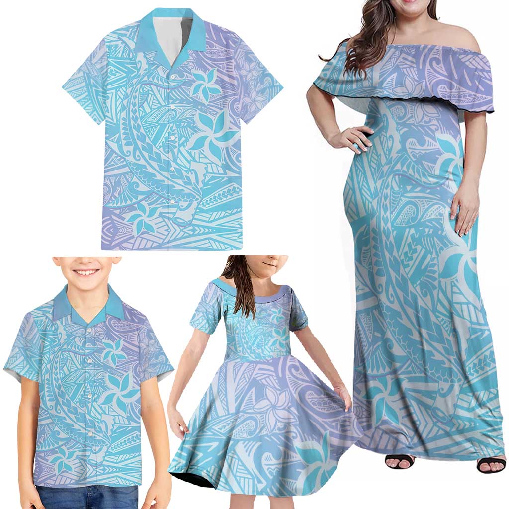 Baby Blue Gradient Polynesia Family Matching Off Shoulder Maxi Dress and Hawaiian Shirt Hawaiian Tribal Hammerhead Shark Tattoo LT14 - Polynesian Pride