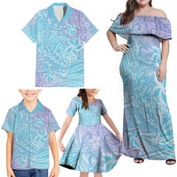 Baby Blue Gradient Polynesia Family Matching Off Shoulder Maxi Dress and Hawaiian Shirt Hawaiian Tribal Hammerhead Shark Tattoo LT14 - Polynesian Pride
