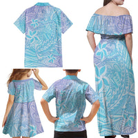 Baby Blue Gradient Polynesia Family Matching Off Shoulder Maxi Dress and Hawaiian Shirt Hawaiian Tribal Hammerhead Shark Tattoo LT14 - Polynesian Pride