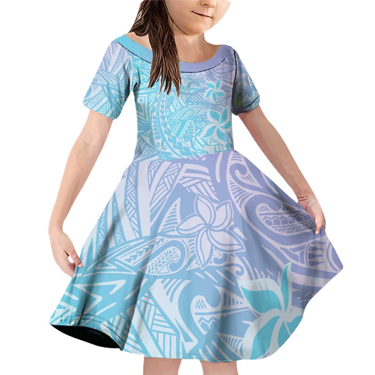 Baby Blue Gradient Polynesia Family Matching Off Shoulder Short Dress and Hawaiian Shirt Hawaiian Tribal Hammerhead Shark Tattoo LT14 Daughter's Dress Baby Blue - Polynesian Pride